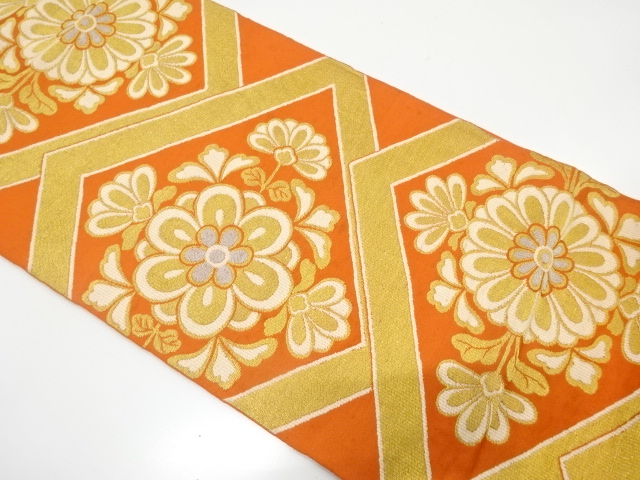 JAPANESE KIMONO / ANTIQUE FUKURO OBI / SILK / WOVEN RHOMBUS & KIKU